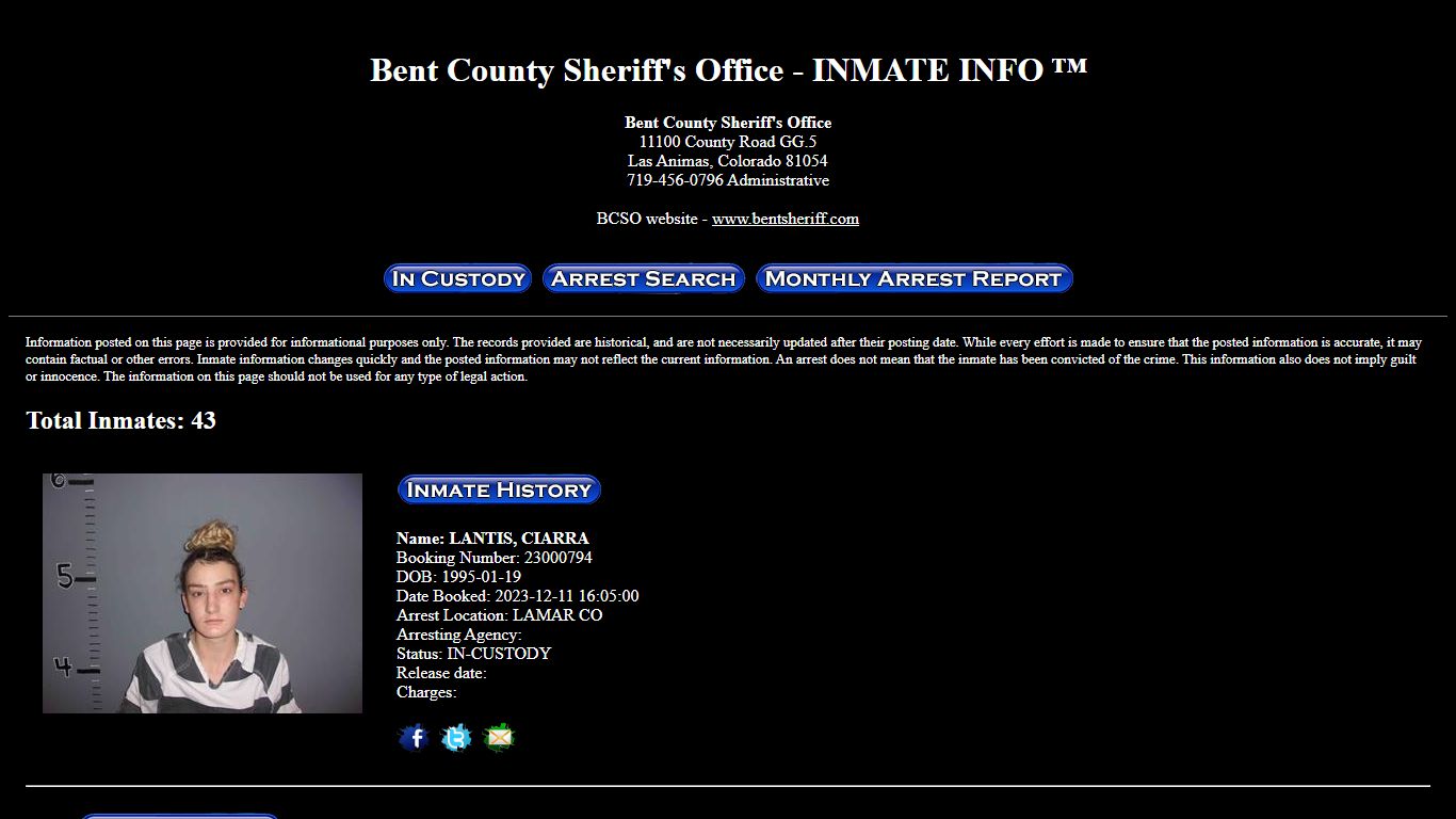 Bent County Sheriff's Office Arrested Inmate Info